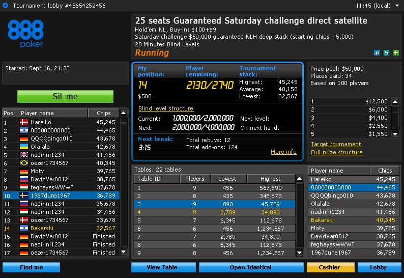 Turnier Lobby beim Online Poker 888 Online Poker Turnier Lobby