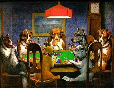 Auch dieses Bild – natürlich kein Foto – sieht man immer wieder, wenn es um Poker geht. Es ist Teil einer Serie von Ölgemälden des amerikanischen Künstlers C. M. Coolidge, die 1903 von dem Verlag Brown & Bigelow in Auftrag gegeben wurde. Die Bilder dienten ursprünglich der Zigarrenwerbung. A_Friend_in_Need_1903_C.M.Coolidge