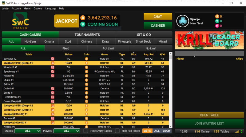 SWP Poker Cash Game Lobby.
