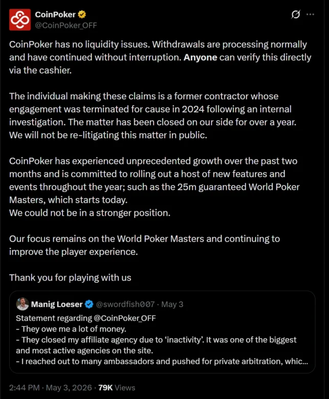 Der Konflikt zwischen Loeser und CoinPoker