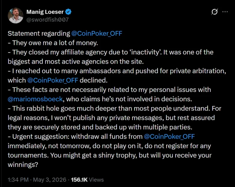 Der Konflikt zwischen Loeser und CoinPoker