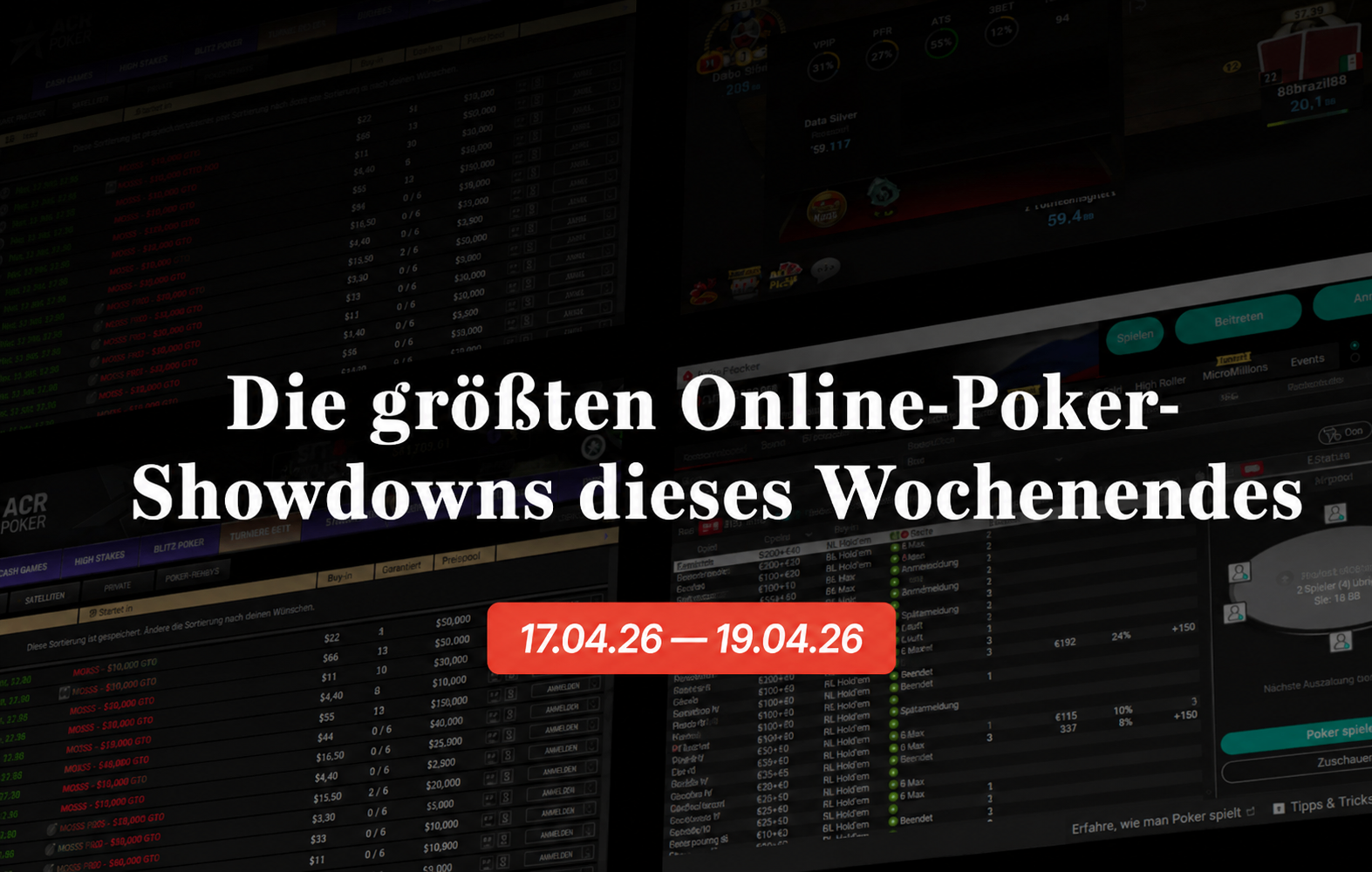 An diesem Wochenende gibt es für Online-Pokerfans viel Action: Auf GGPoker und PokerStars stehen zahlreiche Knockout- und Mystery-Bounty-Turniere mit hohen Preisgeldern an. Die Irish-Online-Afterparty (seit 12. April) bietet $3.000.000 Garantie, vieles wird jetzt ausgespielt.