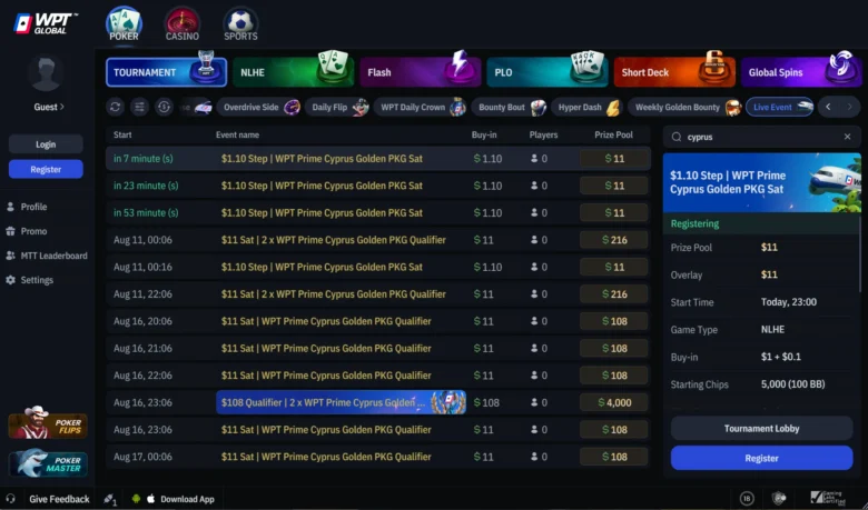 Feeder mit Buy-ins von $1.10 und $11 können sich Spieler für den $108 Satellite qualifizieren.

Alle Sonntags-Satellites werden mit der gleichen Struktur gespielt:

Starting Stack: 10,000 Chips (100 BB)

Late Registration: 11 Levels

Blind Levels: zunächst 11 Levels à 10 Minuten, danach 5 Minuten

Bis zu 10 Re-Entries

Im WPT-Global-Client sind die Qualifier unter Tournament → Live Event zu finden. Alternativ kann direkt nach „Cyprus“ gesucht werden.