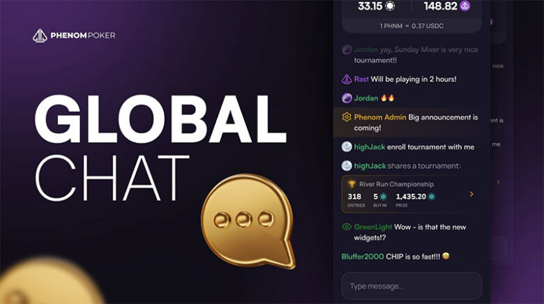 Phenom Poker: Global Chat im Hauptmenü. Nur KYC-verifizierte Spieler können schreiben. Moderation wie an den Tischen.