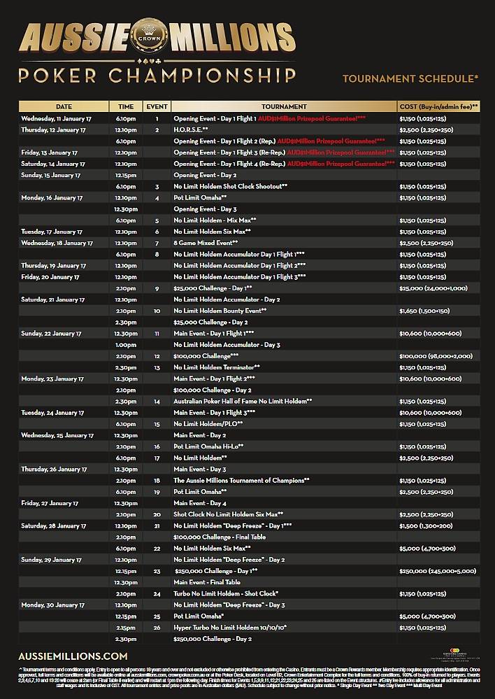 Aussie Millions Schedule 2017 Aussie Millions Schedule 2017