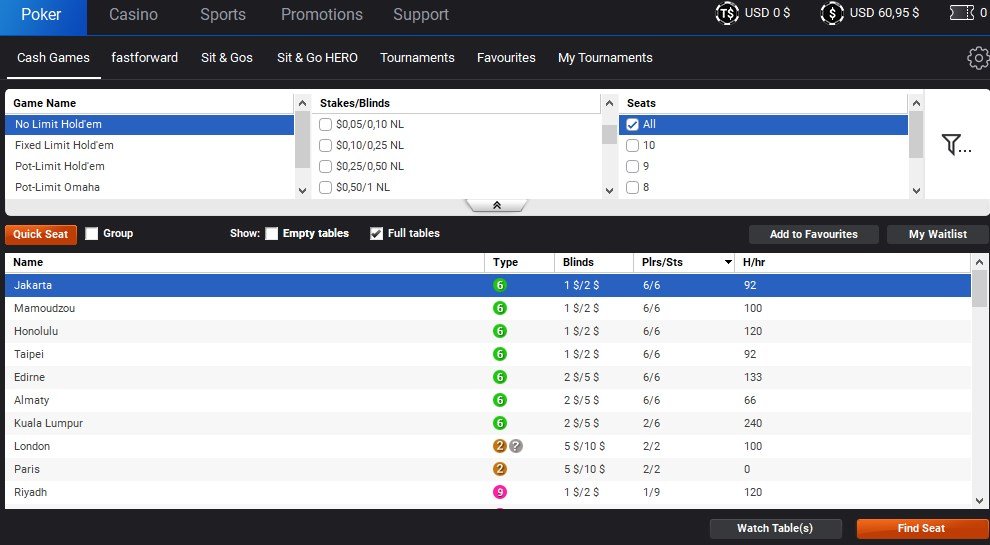 Filter in der Cashgame-Lobby PartyPokerCashGameLobby