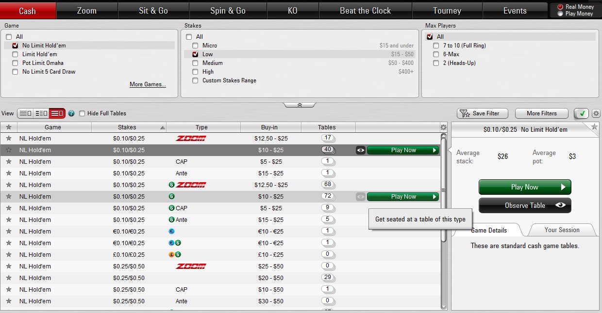 Neue Cashgame-Lobby von PokerStars Seat Me Lobby