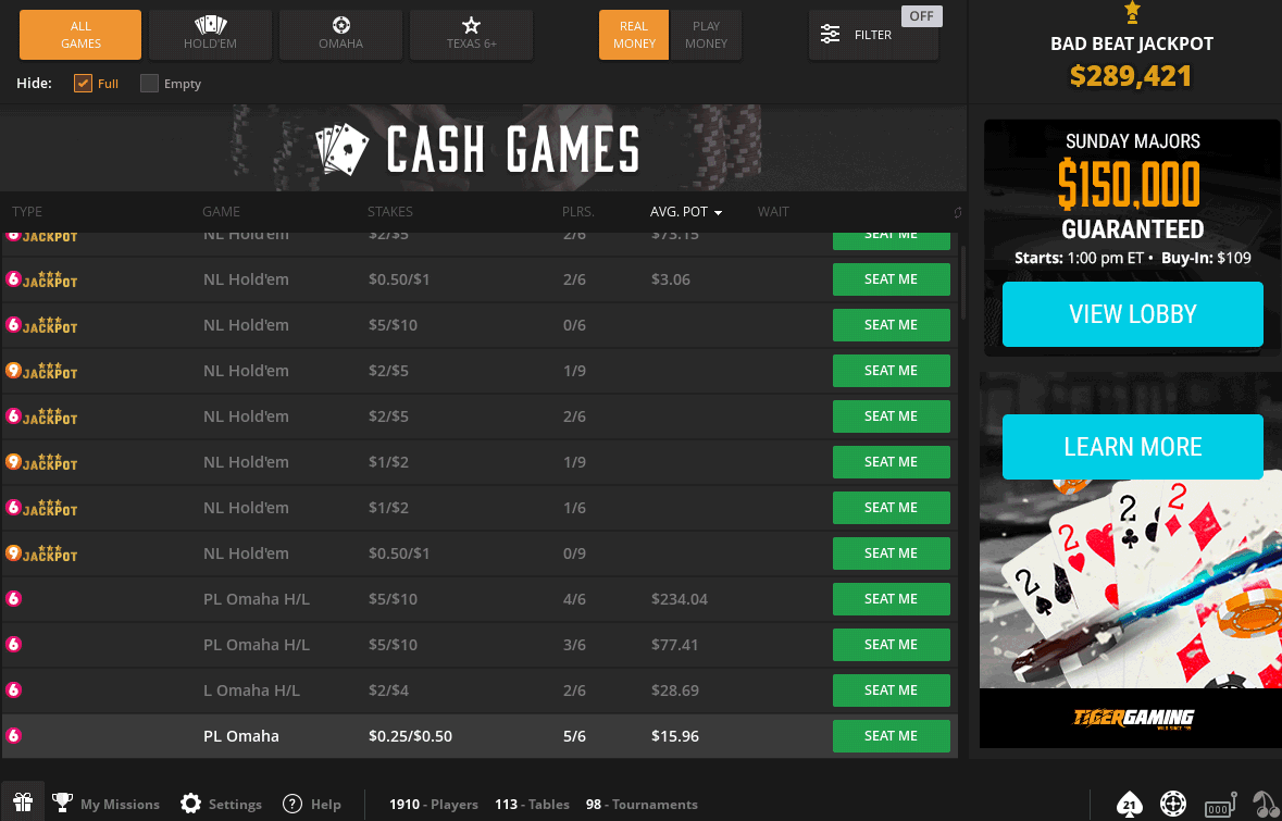 Tiger Gaming Cash Game Lobby Tiger Gaming Cash Game Lobby