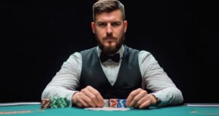 Ein ernster Pokerspieler im Hemd, mit Weste und Fliege sitzt als Nit am Pokertisch, vor sich Chips und Karten.