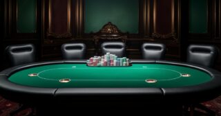 Poker Tisch Positionen: Ovaler Pokertisch mit Chips in der Mitte in einem luxuriösen Pokerraum.