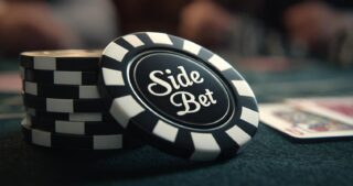 Ein Pokerchip mit der Aufschrift Side Bet lehnt an gestapelten schwarzen Chips auf dem Spieltisch, im Hintergrund sind Karten und Spieler unscharf zu sehen.