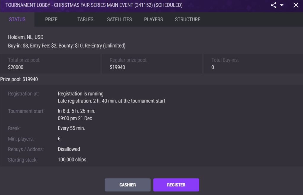 JackPoker Christmas Fair Series: Main Event Tournament Lobby