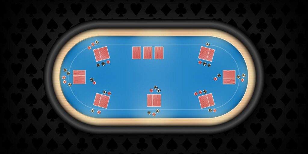 Poker Tisch Positionen: Schema eines Pokertischs mit Sitzplätzen, Karten und Chip-Positionen.