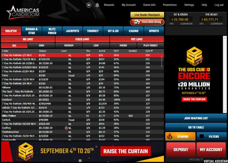 Americas Cardroom game lobby
